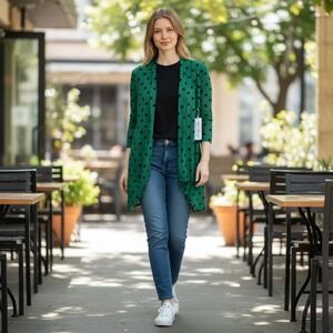 Belle Chemise Cardigan Women Size 10 Green Casual Polka Dot Sheer Mesh Draped